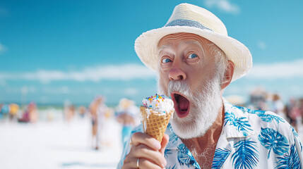 Happy smiling funny surprised grandfather or elderly man in hat on beach eating delicious ice cream in waffle cone