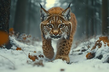 Fototapeta premium Majestic lynx walking through snowy winter forest with intense gaze, surrounded by fallen autumn leaves and misty atmosphere in natural habitat.