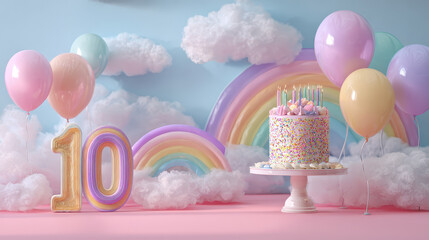 Tenth Birthday Celebration: A whimsical scene for a tenth birthday, featuring a beautifully decorated cake adorned with candles, surrounded by colorful balloons, fluffy clouds, and a vibrant rainbow.