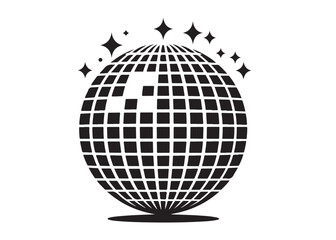 disco ball logo silhouette vector, disco ball logo icon silhouette vector, glittering disco ball silhouette vector illustration, disco ball with stars logo silhouettes vector on a white background