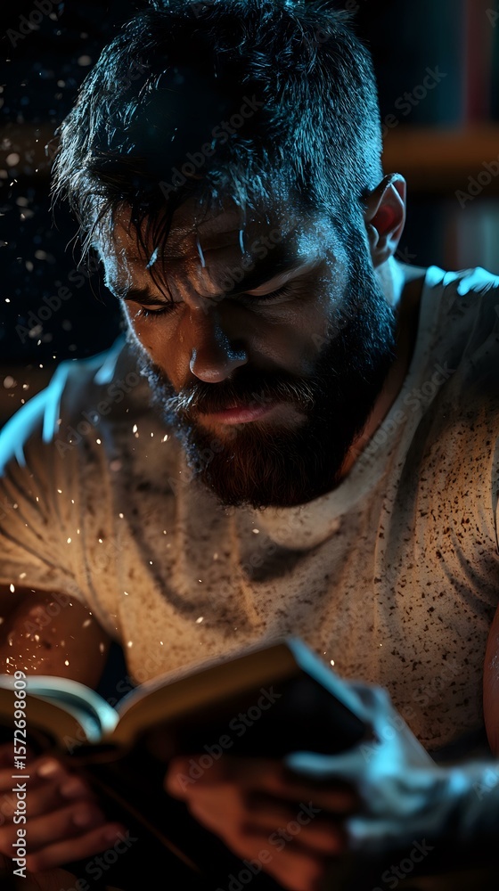 Poster bearded man reading book in dramatic lighting with floating dust particles and blue atmospheric effe