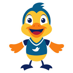 Cute cartoon yellow bird character wearing a blue sports jersey with a white bird logo