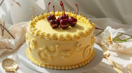 Delicious Cake with Cherries: A beautiful cake topped with vibrant red cherries, adorned with intricate designs. This delicious creation is perfect for any celebration.