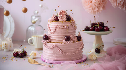 Cherry Cake Celebration: A delightful two-tiered cake adorned with fresh cherries, presented in a sweet, pastel-toned scene that evokes feelings of joy and festivity.