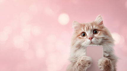 Cute Cat Holding Blank Card: An adorable fluffy cat with long fur and expressive eyes holds a blank pink card against a soft pink bokeh background, perfect for your message.