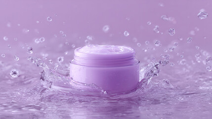 Hydration Infusion: A sleek cosmetic cream jar rests amidst a dynamic splash of water, portraying the essence of moisturization and rejuvenation.