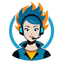 Stylized cartoon avatar of a female gamer with blue hair and orange accents wearing headphones