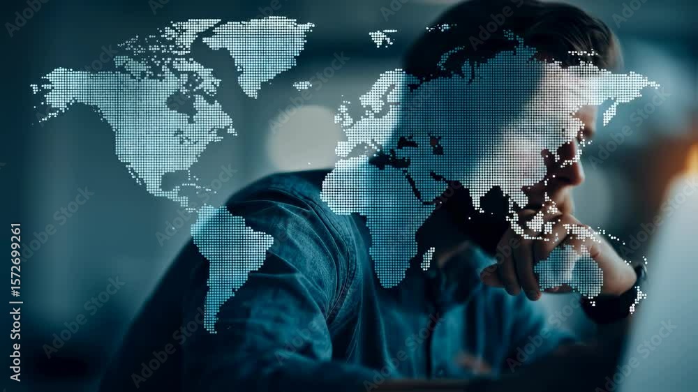 Poster determined businessman deep in concentration while crafting his next global strategy on his laptop. 