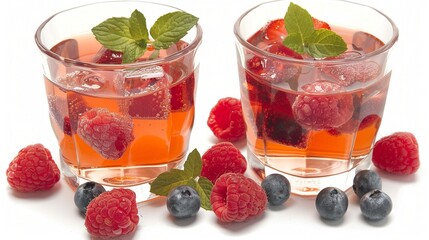 Glasses of alcohol berry cocktails on white background image. Cold drinks of natural ingredients in studio photography scene photorealistic. Fruit punch concept photo realistic
