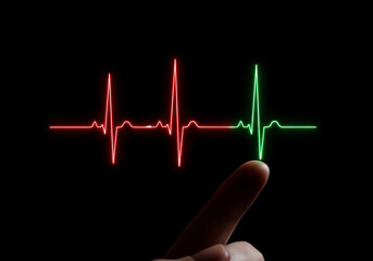A vibrant, glowing red and green heartbeat line interacting with a fingertip on a dark background, symbolizing medical diagnostics, vital signs, and health monitoring technology.