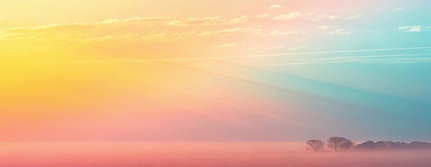 Misty sunrise over a field with silhouetted trees and pastel sky