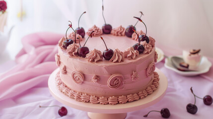 Cherry Delight: A delightful pink cake crowned with vibrant cherries, offering a visual feast. capturing the essence of indulgence and celebration.