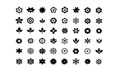 A grid arrangement of various flower shapes in black and white image