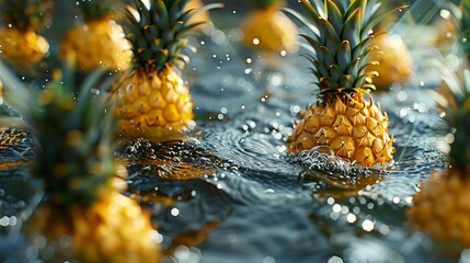 Ripe pineapples floating in water image. Tasty sweet exotic fruits in splashing sea photography scene photorealistic. Natural treats at tropical resort concept photo realistic