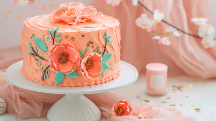 Exquisite Cake with Floral Embellishments: A beautifully decorated cake, adorned with delicate floral decorations, sits elegantly on a white cake stand.
