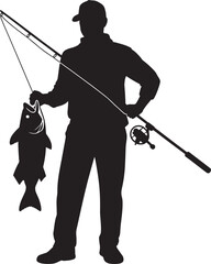 Successful Fisherman with Large Fish Catch Silhouette: Angling Sport