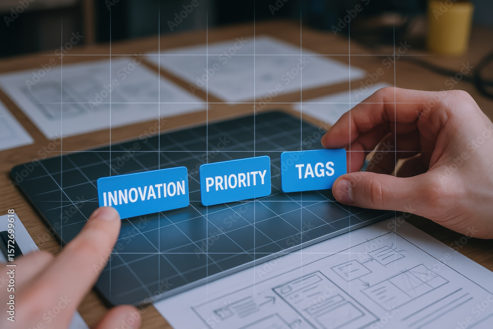 Poster innovation priority tags concept in startup engineering lab with hands arranging blue label on black