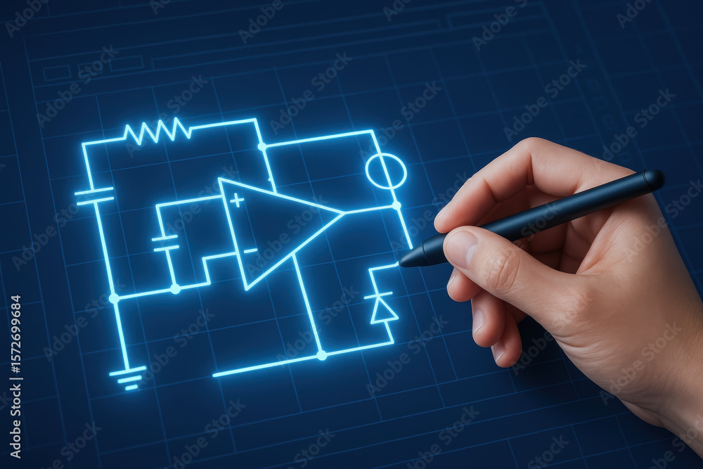 Poster hand drawing electronic circuit diagram with pen on digital screen in engineering lab for startup pr