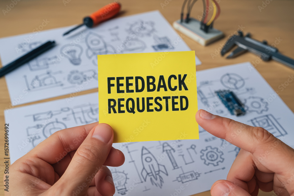 Aufkleber feedback requested note held by hand with engineering sketches and electronic components on wooden t