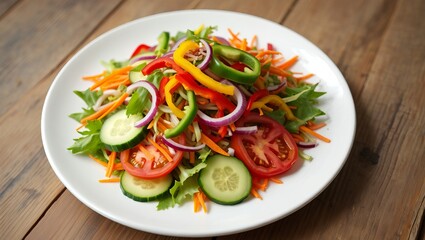 Healthy garden salad with tomatoes, cucumbers, bell peppers, carrots, and red onions. Vibrant colors and fresh textures on a white plate over rustic wooden table.