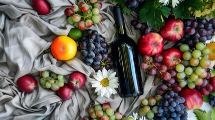 Tasty grapes, wine and apples on blanket top view image. Healthy summer lunch outdoors photography scene photorealistic. Fruits and alcohol for holiday concept photo realistic