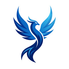Stylized blue phoenix rising with wings spread in a modern graphic design