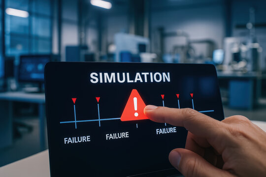 Simulation failure warning on digital screen with finger pointing in engineering startup lab environment