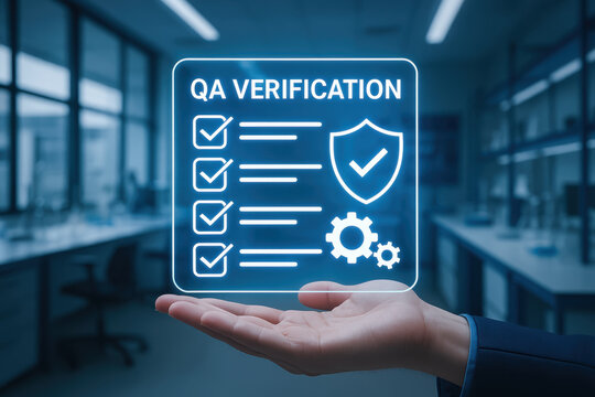 Quality assurance verification concept in startup engineering lab with hand holding digital checklist and gear icons for success