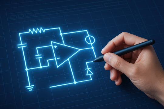 Hand drawing electronic circuit diagram with pen on digital screen in engineering lab for startup project development and innovation