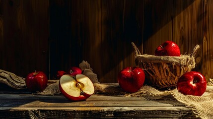 Red ripe apples on wooden table image. Delicious sweet fruits arranged on rustic counter photography scene photorealistic. Raw vegan dessert eating concept photo realistic