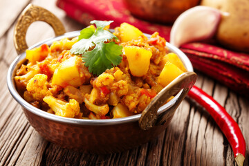Traditional Indian dishes - Aloo Gobi. A dish consisting of two ingredients - potatoes and cauliflower, with spicy spices