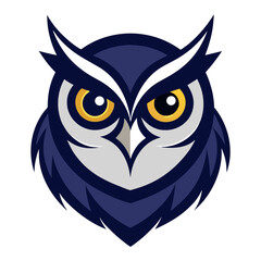 Stylized dark blue owl mascot with piercing yellow eyes and white accents