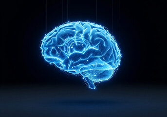 A stunning digital representation of a human brain with glowing blue neural connections, symbolizing artificial intelligence, neuroscience, and advanced thought processes on a dark background.