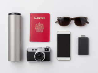 Essential Travel Kit: A flat lay of travel essentials, ready for adventure, features a passport, camera, sunglasses, phone, and other items.