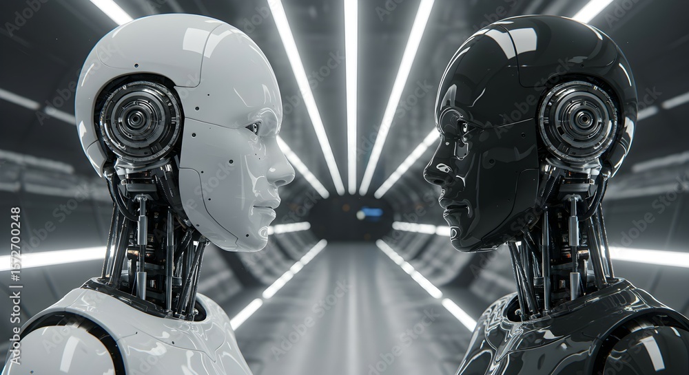 Poster two futuristic humanoid robot heads, one white and one black, facing each other in a sci-fi tunnel. 