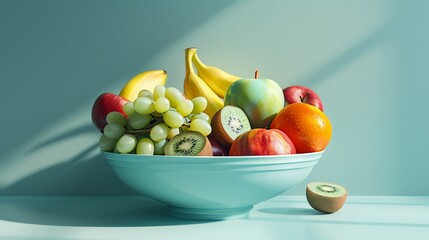 Tasty assorted fruits served in ceramic bowl image. Eating delicious sweet food products photography scene photorealistic. Still life composition on table concept photo realistic