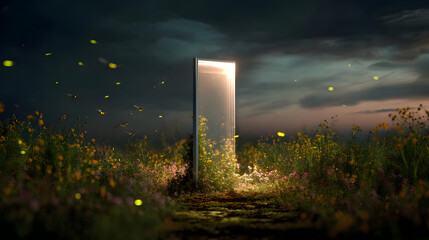 Enigmatic Portal in the Meadow: An ethereal scene unfolds as a radiant portal stands amidst a field of wildflowers, enveloped by the mystical glow of fireflies against a darkening sky.