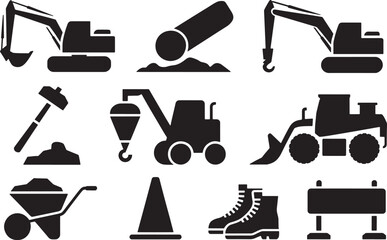 Obraz premium Heavy Construction & Industrial Machinery Silhouettes: Crane, Excavator & Road Work Icons