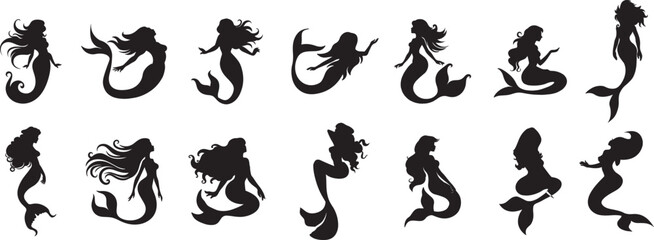 Various styles of mermaid silhouettes in different poses.