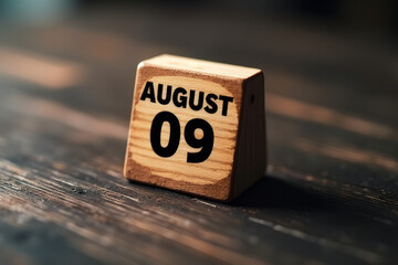 Wooden Block Calendar Showing August 09 – Rustic Editorial Date Concept