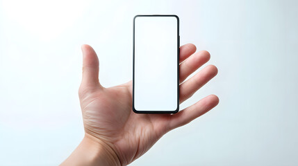 Hand holding smartphone: An elevated perspective captures a hand cradling a sleek smartphone, the device's blank screen a canvas for innovation and connectivity.