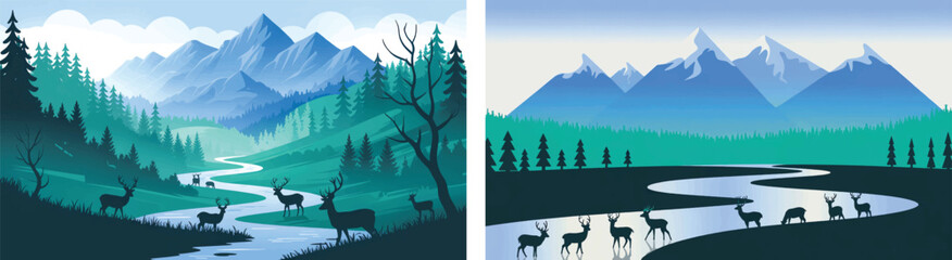 Two colorful illustration of a Tropical rainforest scene, Background of a cartoon jungle. 