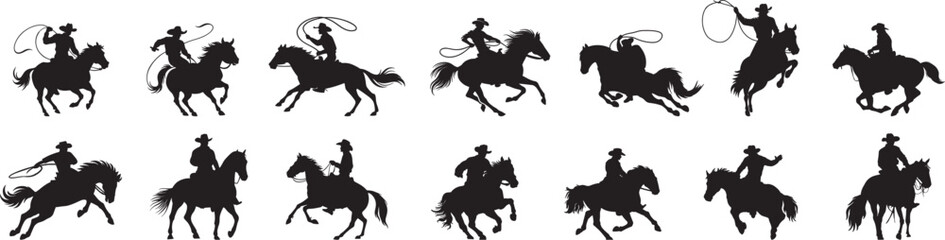 Various styles of cowboy with bull silhouettes in different poses.