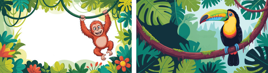 Two colorful illustration of a Tropical rainforest scene, Background of a cartoon jungle. 