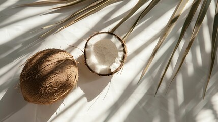 Tasty coconuts and palm leaf composition image. Still life with tropical fruits photography scene photorealistic. exotic nuts with milk inside for healthy eating concept photo realistic