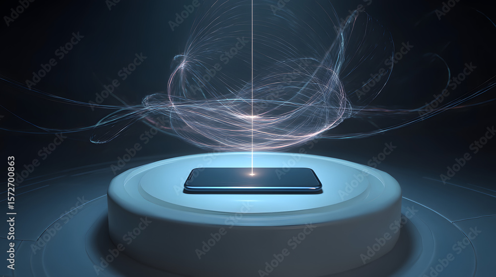 Aufkleber technological revelation: a sleek device levitates within a futuristic circular structure, beams of 