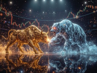 Bitcoin Bull vs. Crypto Bear – Epic Clash in Futuristic Digital Arena (Symbolic Battle of Market Forces)