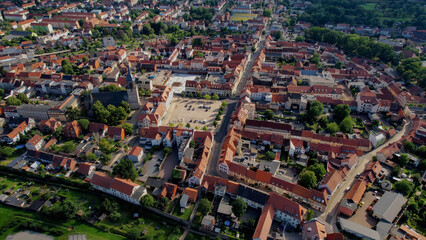 Aerial view around the old town in the city Haldensleben, on a sunny spring day
