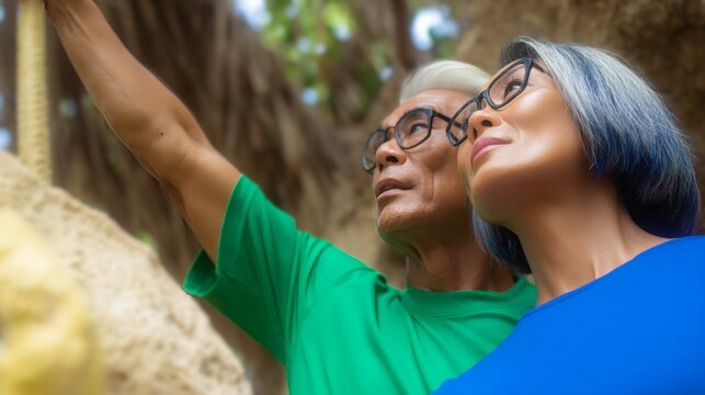  Active elderly Asian couple exploring tropical cruise port senior travel adventure retirement vacation cruise excursion mature couple vacation memories senior tourism cruise lifestyle