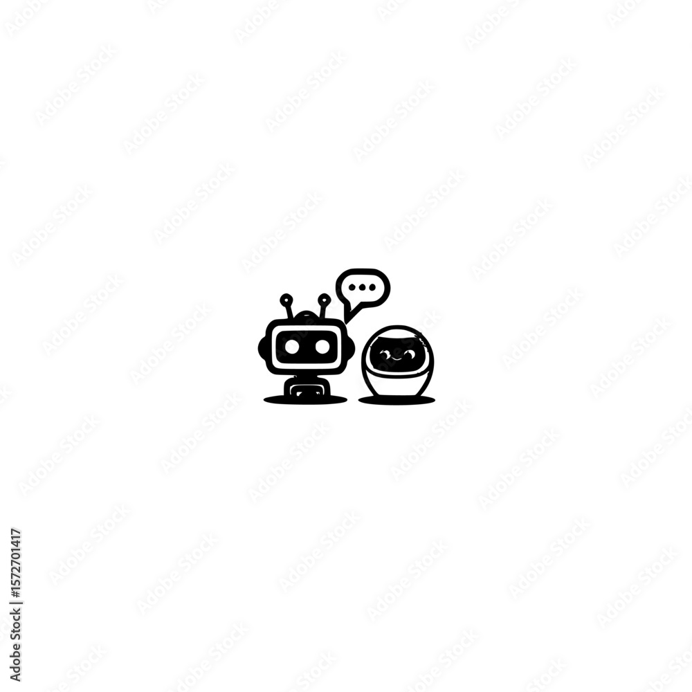 Poster silhouette pictograms of a robot and a sphere character engaging in conversation